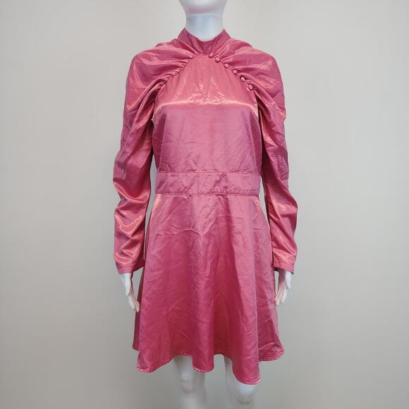 Sister Jane Pink Ruched Satin Dress Size M Long Sleeve Madonna 80s 90s Prom - Picture 1 of 16